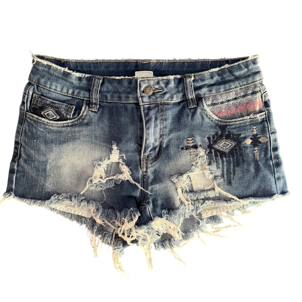 LITZ Aztec Distressed Denim Shorts Boho Festival Embroidered 29 Waist‎